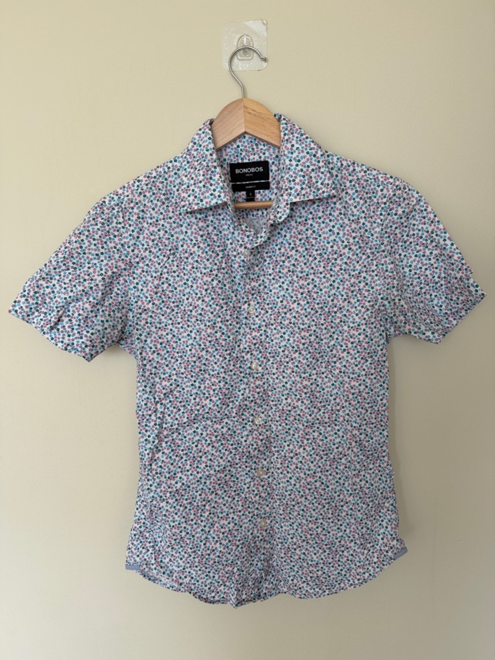 Bonobos Short Sleeve Button-Down Shirt in White with Blue & Pink Floral Print
